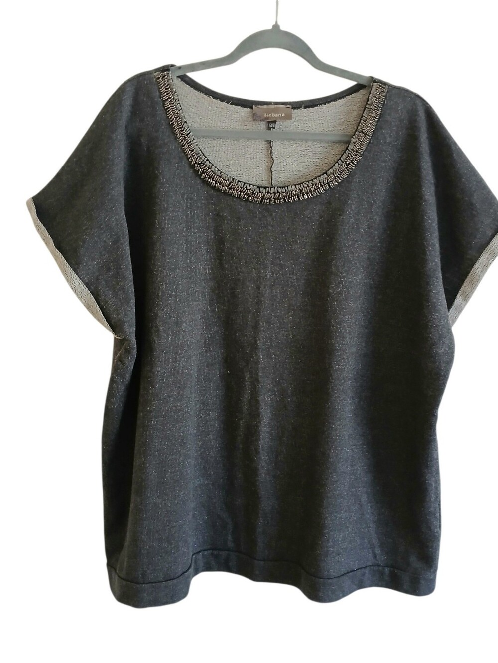 IKEBANA Boxy Beaded Collar Top Women's 3X France Rolled Sleeves Relaxed Fit Gray